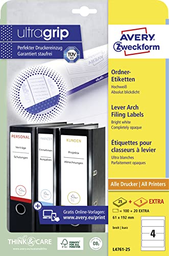 AVERY Zweckform (L4761-25) Ordnerrücken Etiketten (61x192mm) mit Ultragrip: Selbstklebend, 30 Blatt