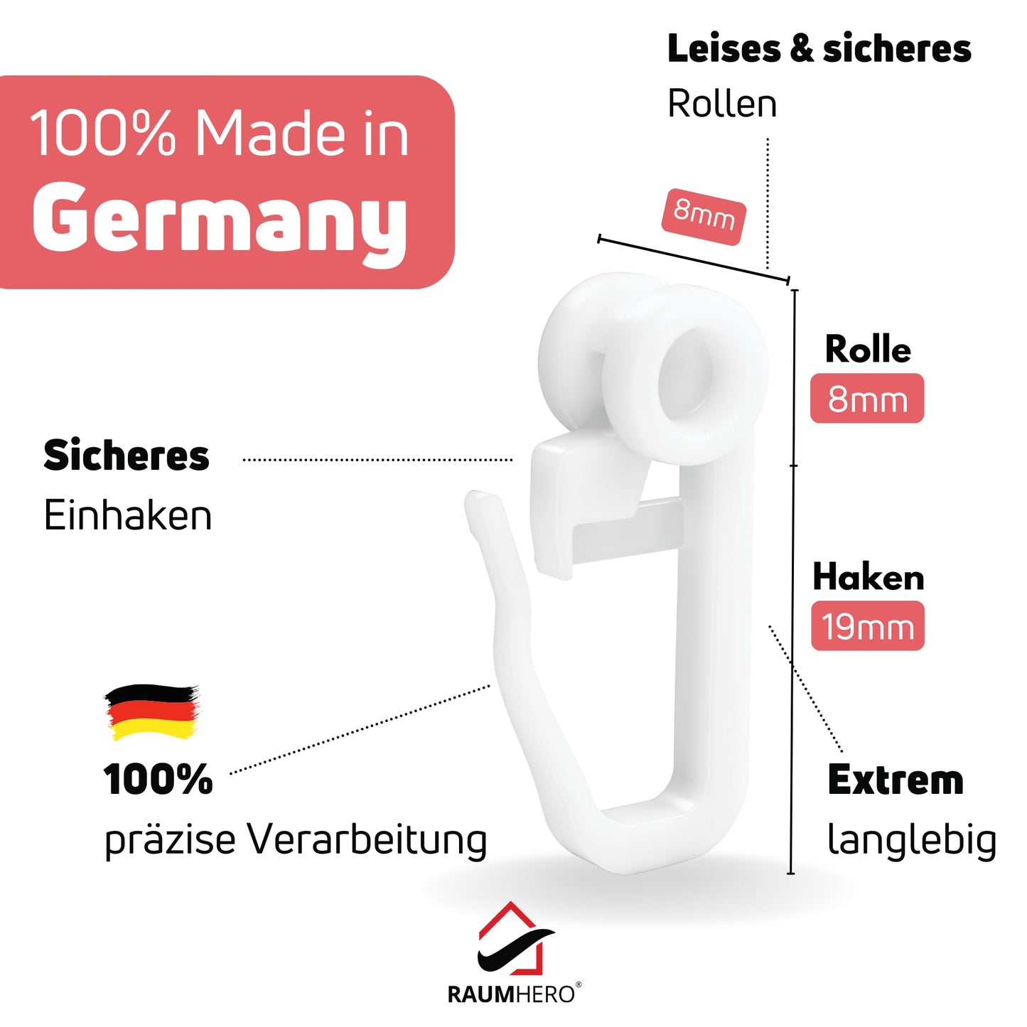 Raumhero curtain roller gliders (100 hooks & 6 fasteners) -White- Made in Germany