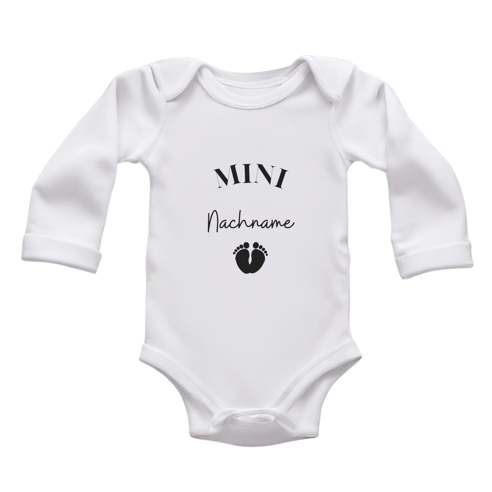 MINI Nachname - Baby Body zur 'Schwangerschaftsverkündung' | Personalisiertes Body: Langarm, Weiß (0-3M)