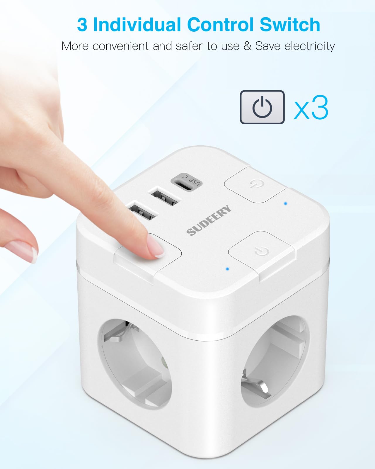 6-in-1 power cube (2m cable) with USB-C: Individually switchable for office, home, travel