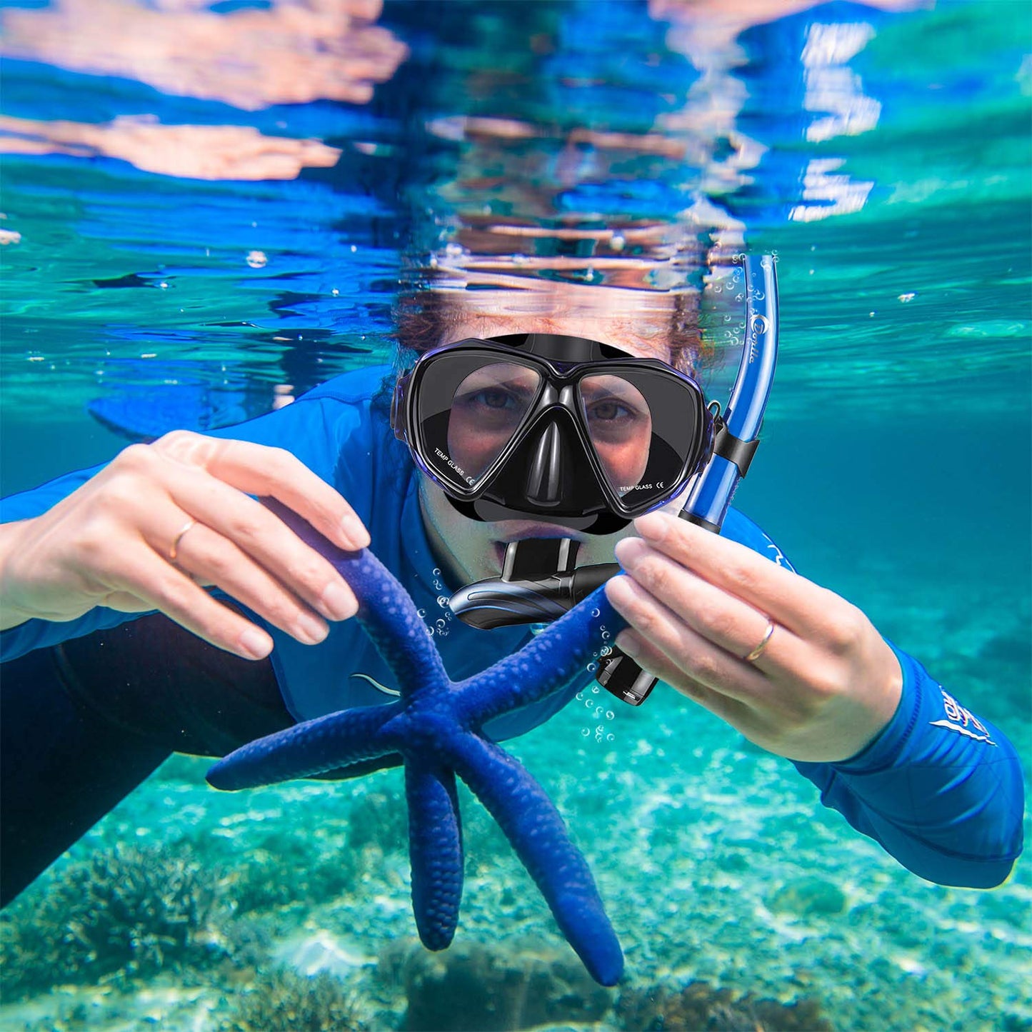 Set with snorkel and diving mask: Anti-fog 3-channel diving mask made of tempered glass