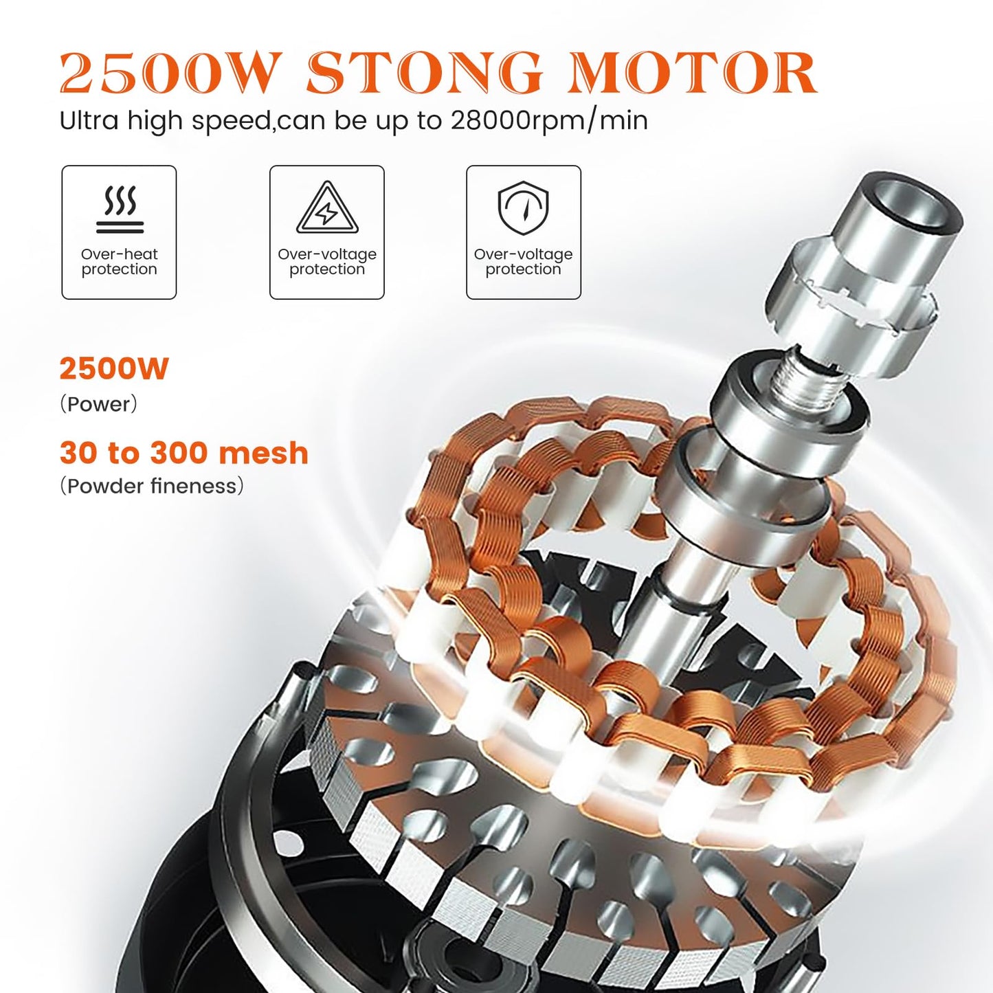 Electric grain mill (500g) made of stainless steel: High speed with 28000rpm powerful motor