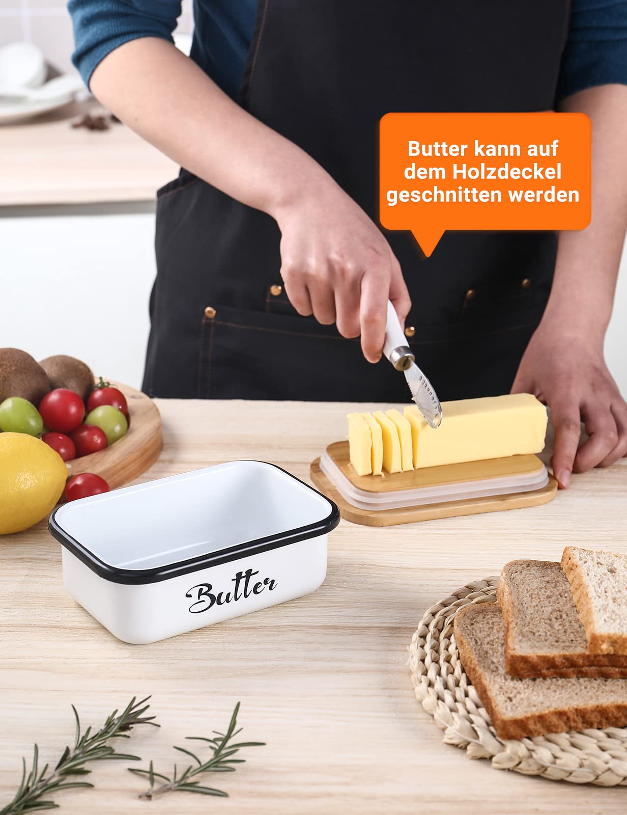 Butterdose mit Holzdeckel für 250g Butter mit multifunktionales Buttermesser