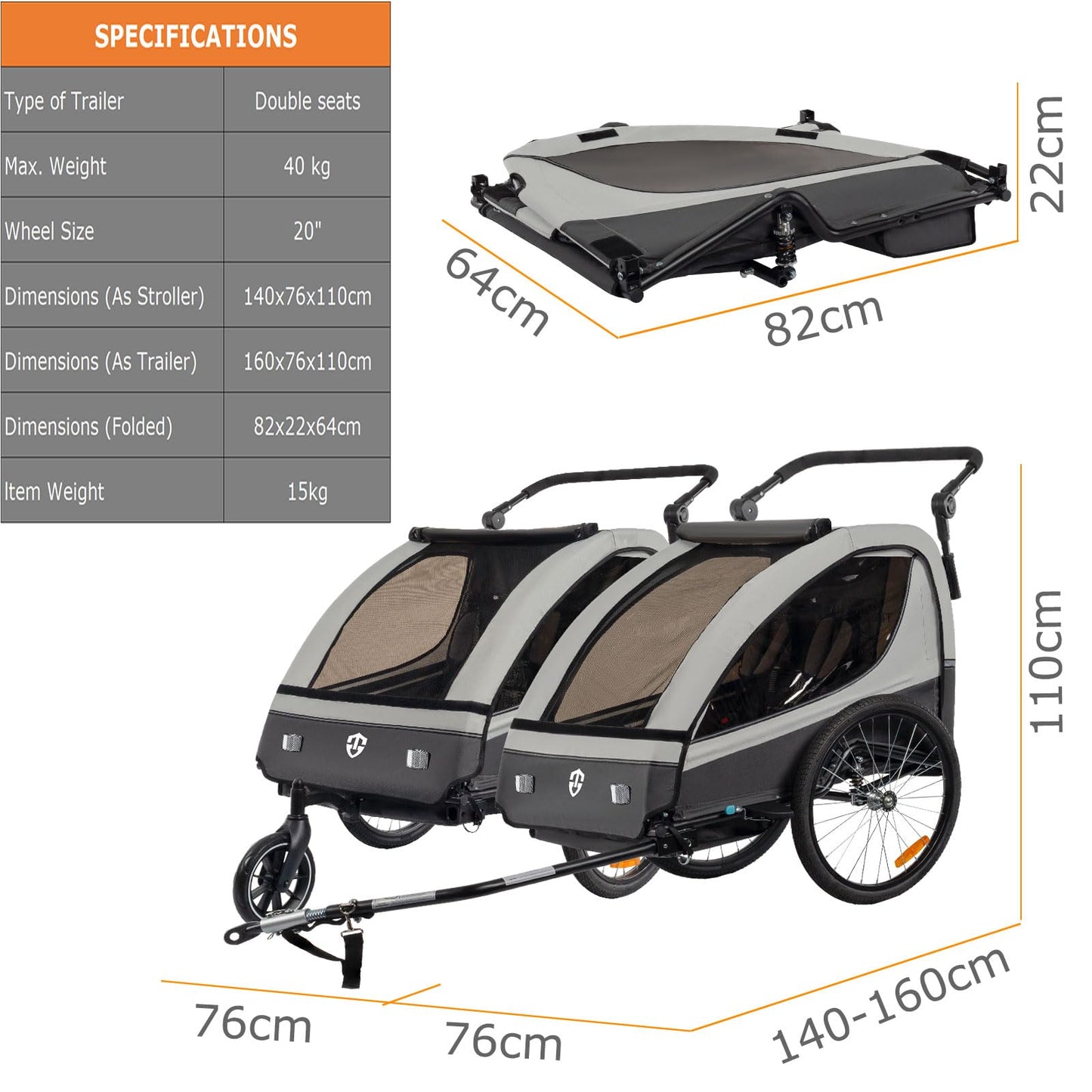 Tiggo 2-in-1 Fahrradanhänger mit Buggy-Set: 360° Drehbar mit Federung - max. 40kg (Grau)
