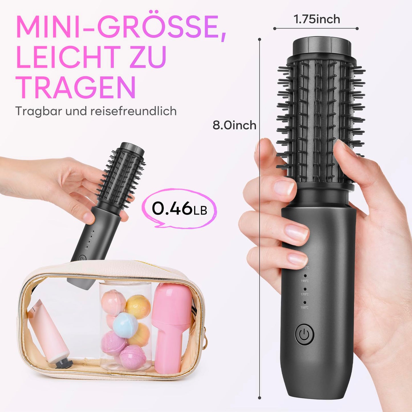Wireless Travel Curling Iron Mini Brush for Women (7000mAh): USB Rechargeable with Negative Ions