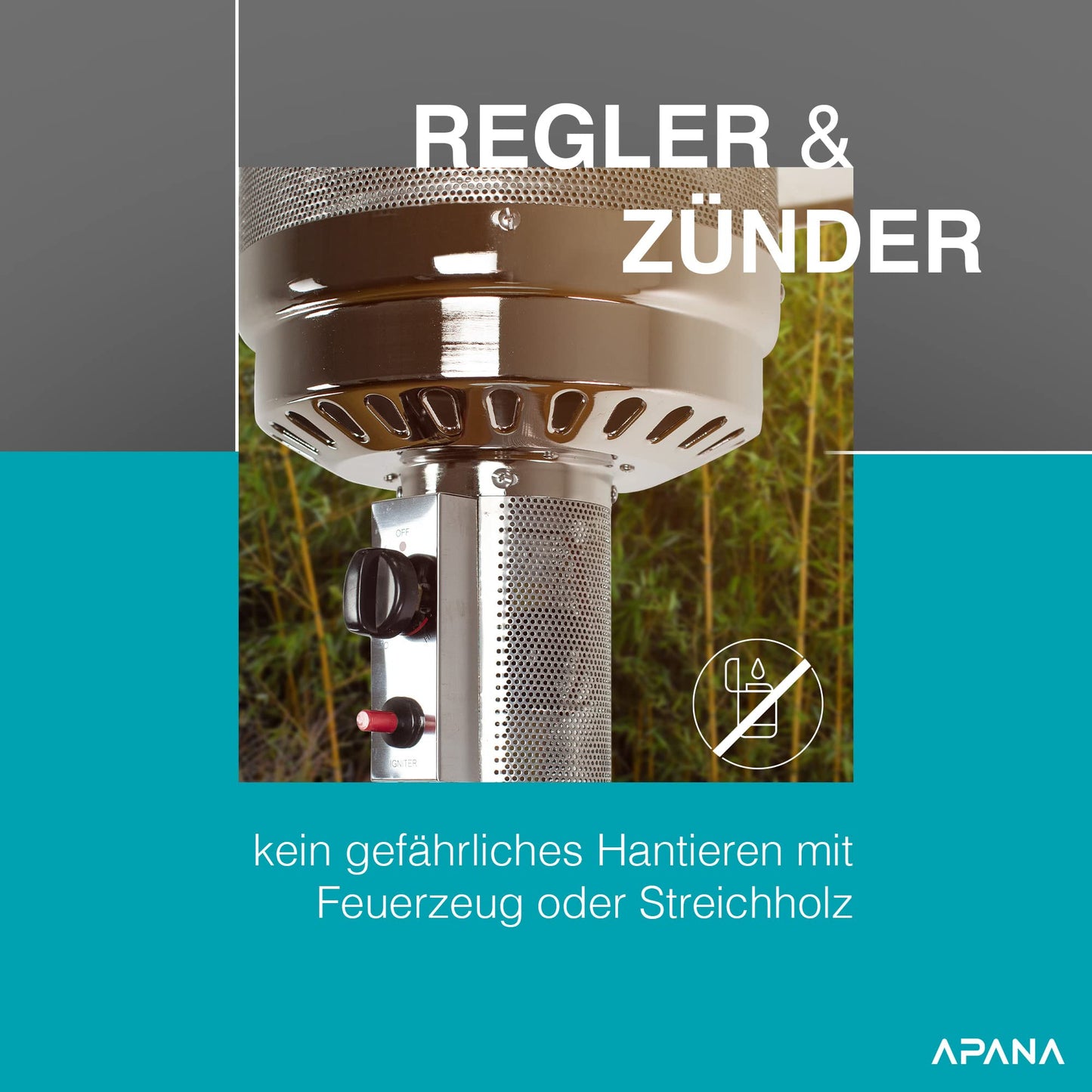 APANA 'Bellamente ONE' gas heater (14kW) for garden with transport wheels & automatic switch-off