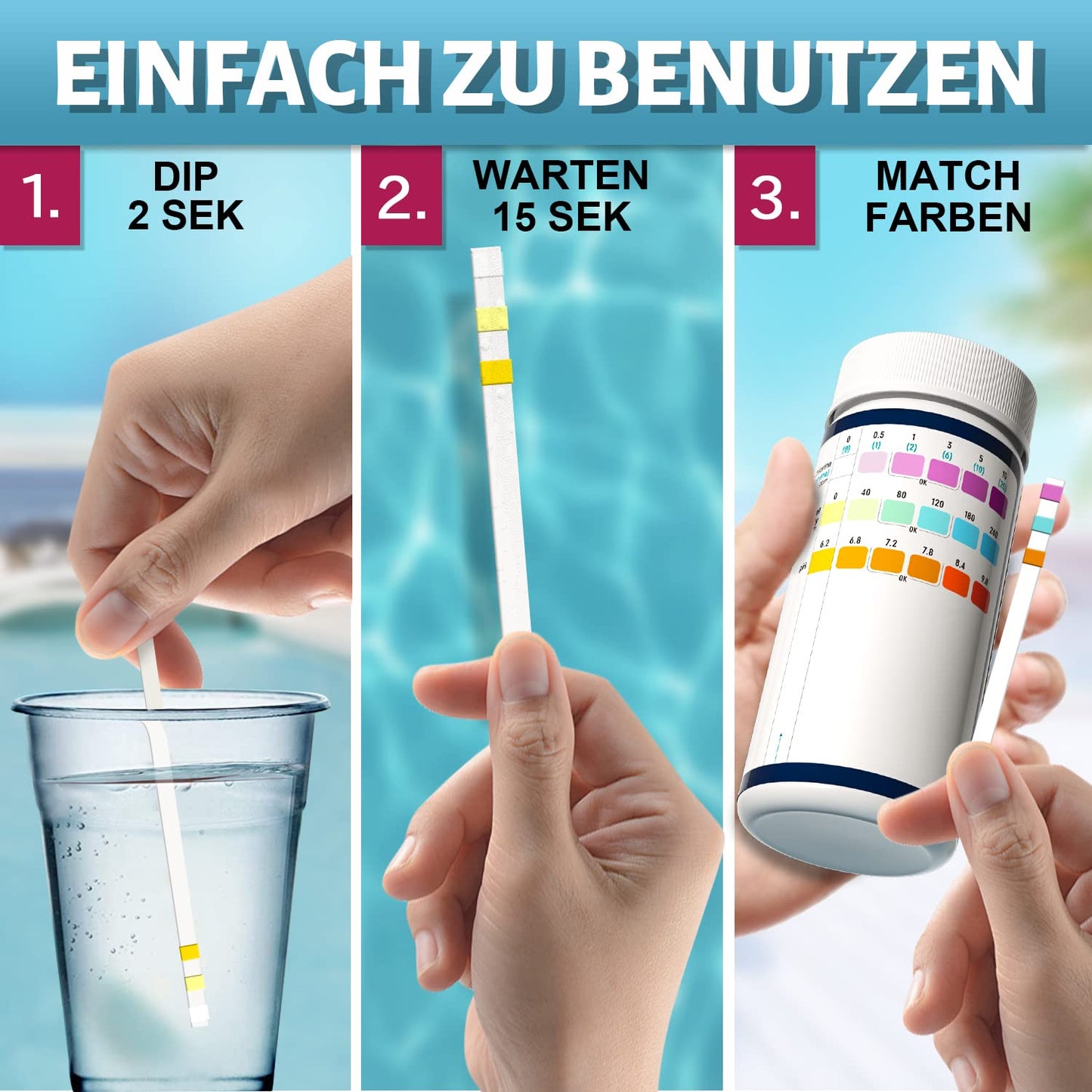 RUNBO 3-in-1 Pool-Teststreifen für Spa (150 Stäbchen Teststreifen): Wassertest-Set