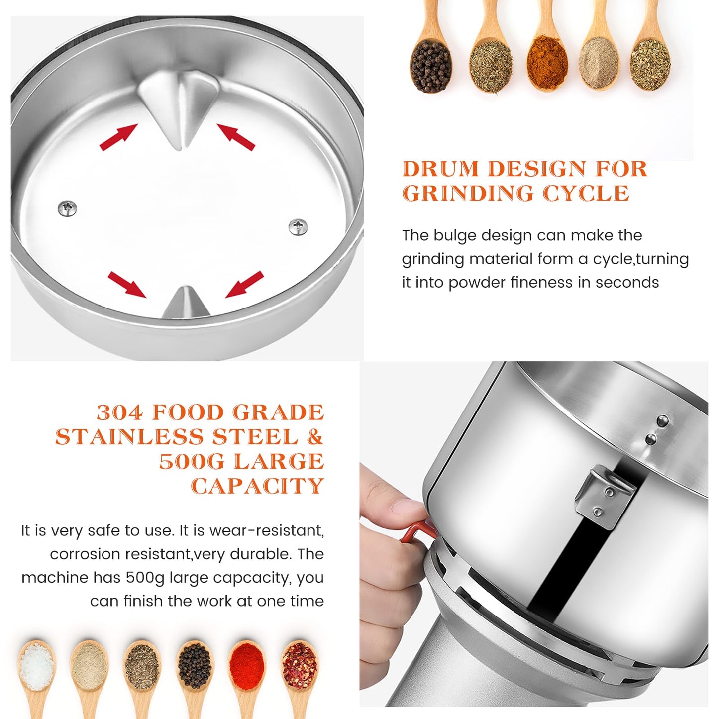 Electric grain mill (500g) made of stainless steel: High speed with 28000rpm powerful motor