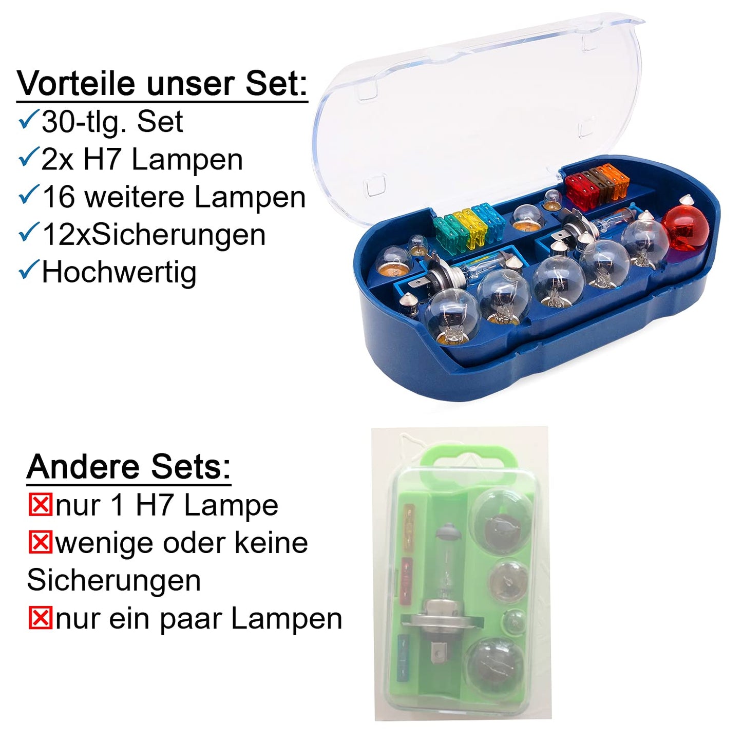 bemiX car replacement bulb set H7 30-piece with car fuses in storage box