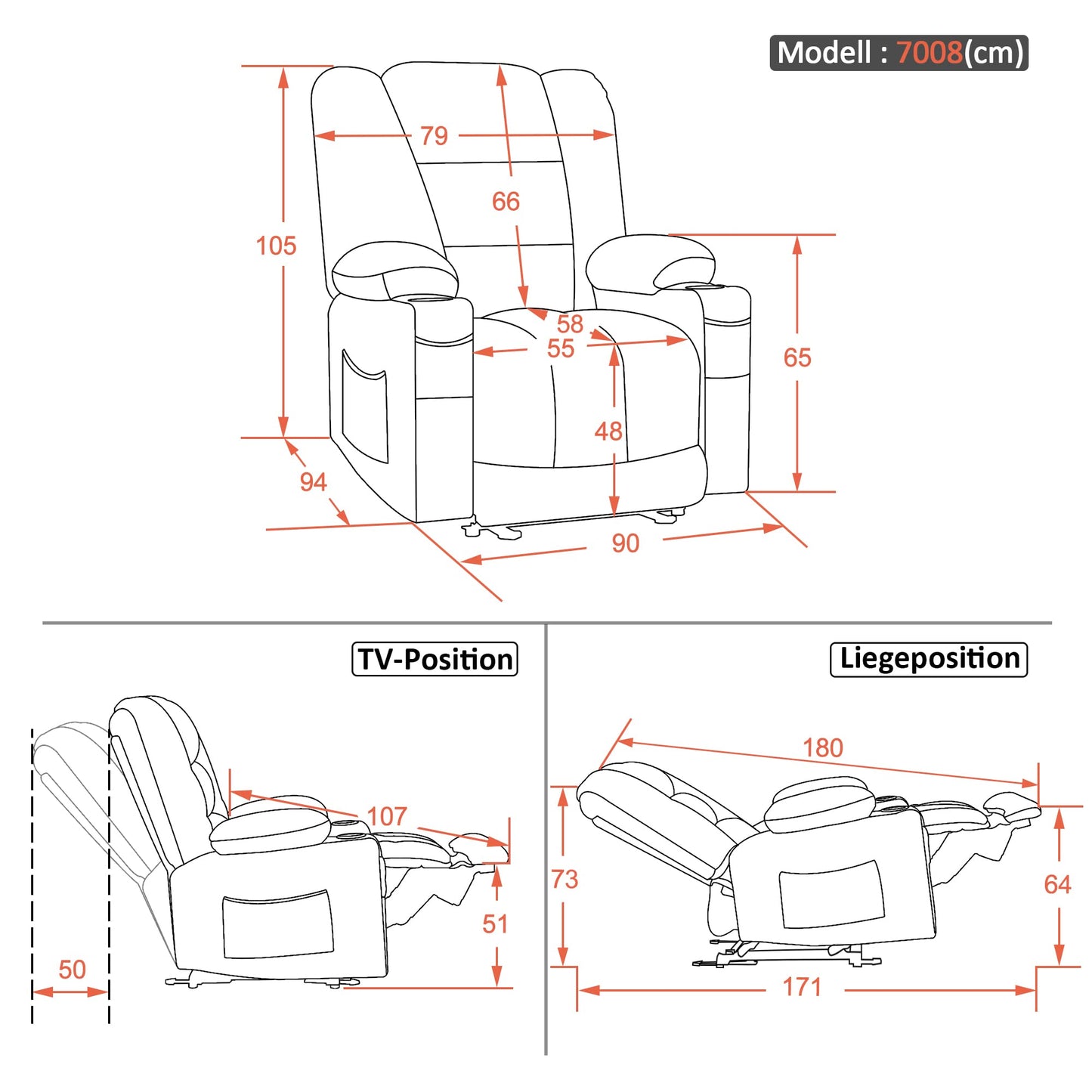 M MCombo TV recliner (7008) with reclining, massage and heat function: Electrically adjustable, USB & cup holder in grey