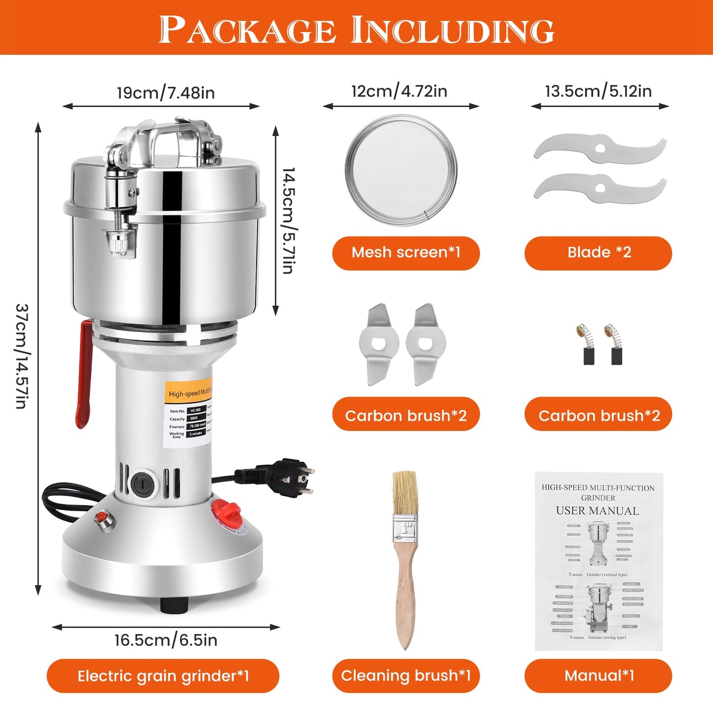 Electric grain mill (500g) made of stainless steel: High speed with 28000rpm powerful motor