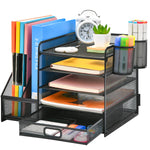 Desk organizer with file holder: 5 storage compartments with drawer, 2 pen holders (black)