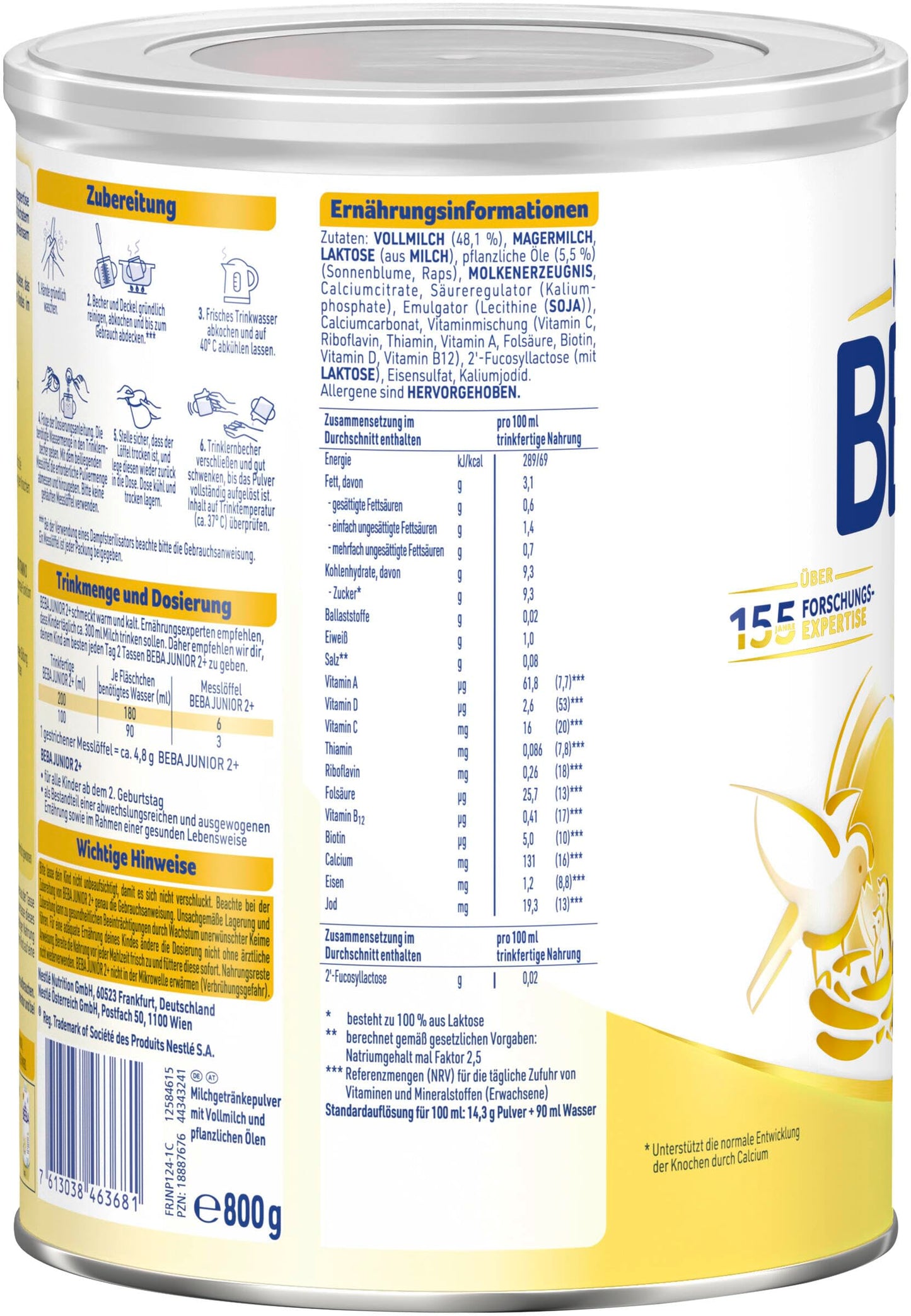 BEBA Junior 2+ milk drink (3 x 800g) from the 2nd birthday: baby food with HMO 2'-FL