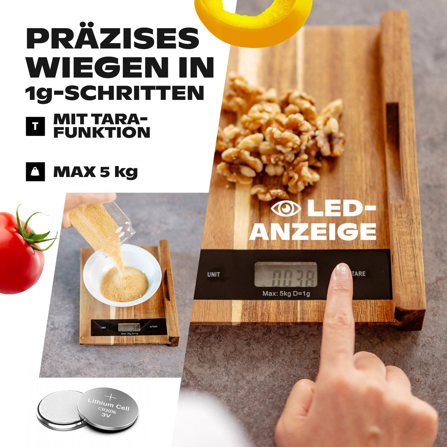 Holz-Schneidebrett mit Küchenwaage (Digital): Holzbrett Küche, Schneidebrett