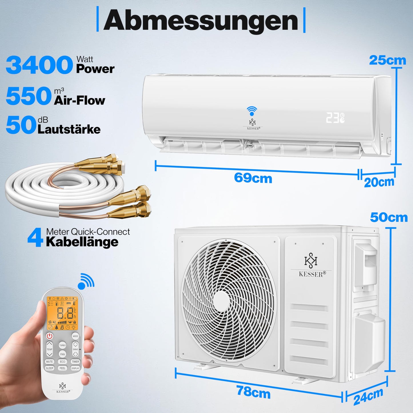 KESSER® 'Quick Connect' Split Klimaanlage-Set mit Heizfunktion: 12000BTU, 3,4kW, WiFi & App
