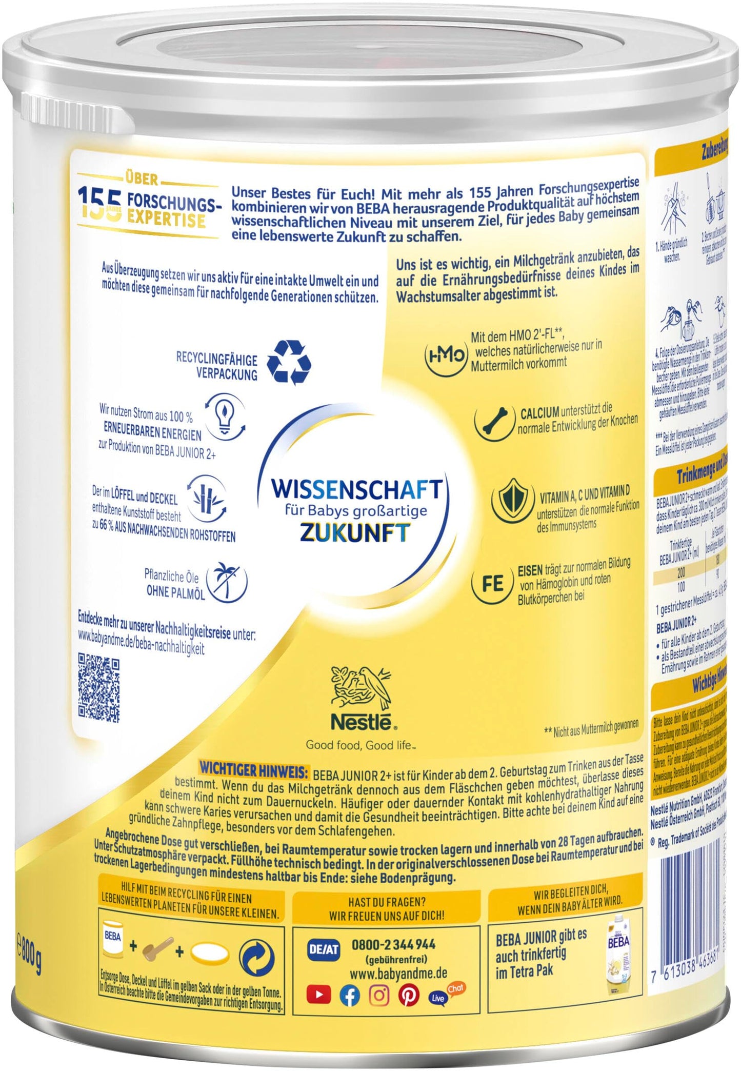 BEBA Junior 2+ milk drink (3 x 800g) from the 2nd birthday: baby food with HMO 2'-FL