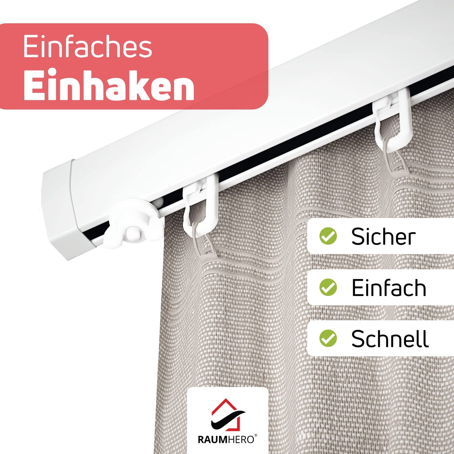 Raumhero curtain roller gliders (100 hooks & 6 fasteners) -White- Made in Germany