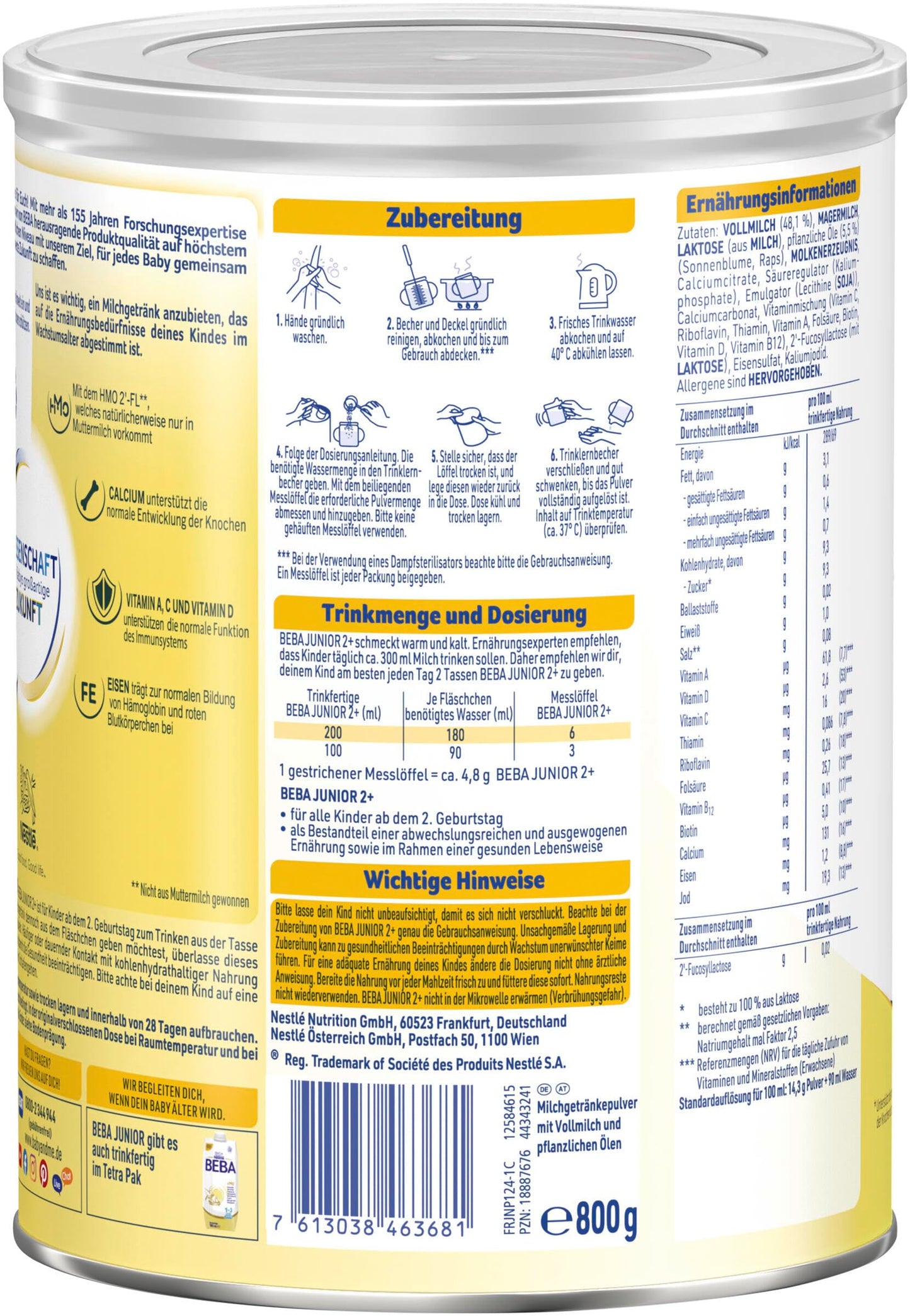 BEBA Junior 2+ milk drink (3 x 800g) from the 2nd birthday: baby food with HMO 2'-FL