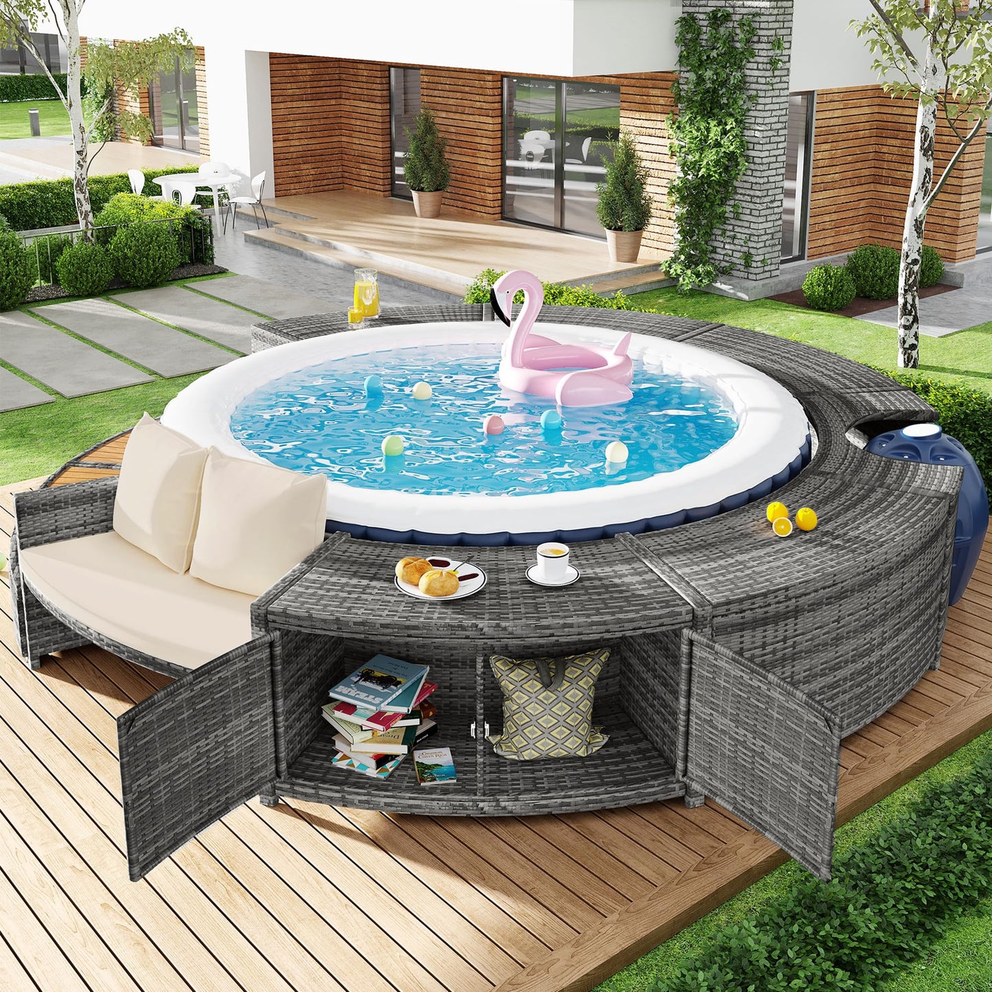 Garden lounge set with round couch for whirlpool & pool with adjustable feet including cushions