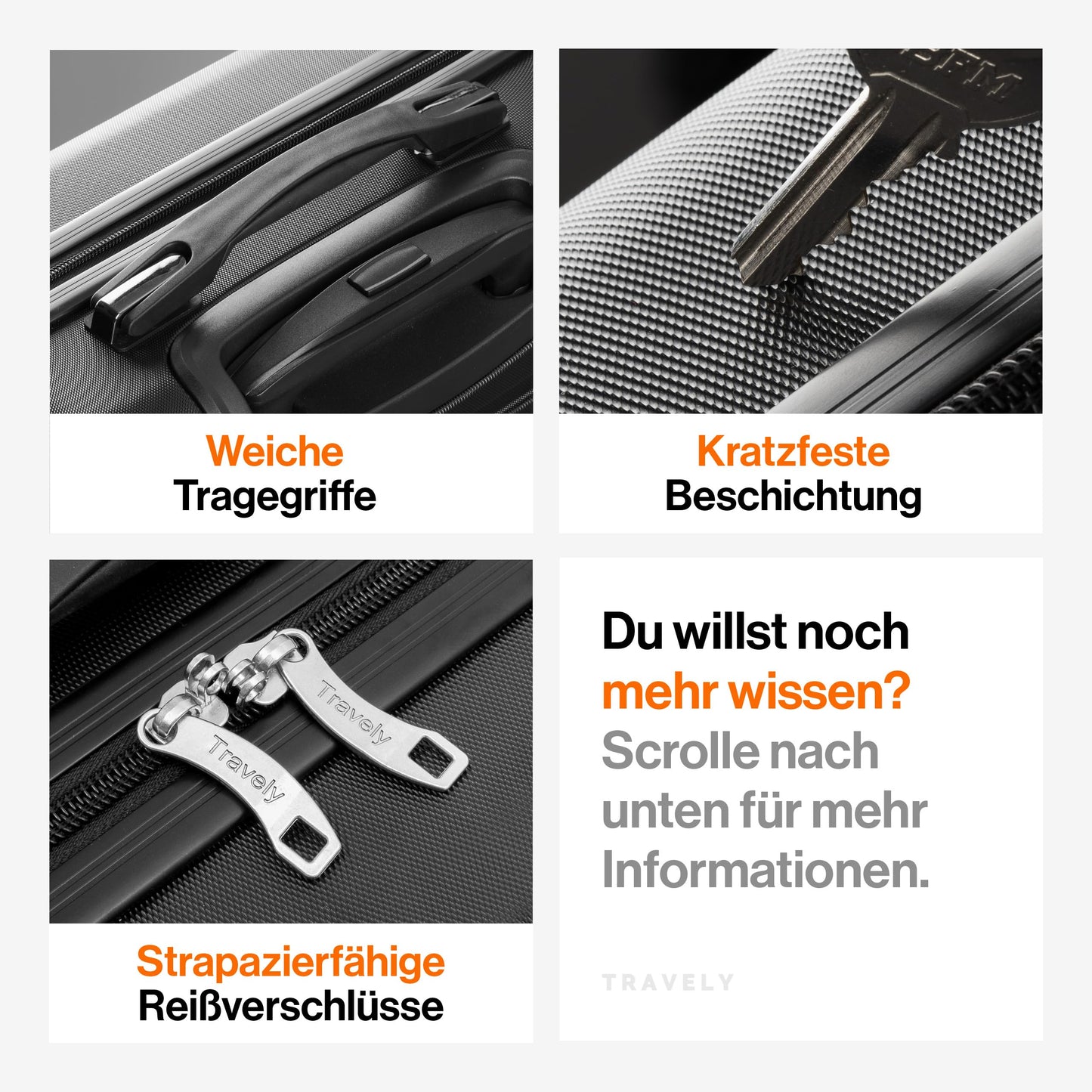 TRAVELY Polycarbonat Koffer-Set (3-teilig) mit sanften Rollen & TSA Schloss | Schwarz