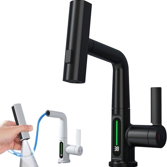 LED-Digitalanzeige Wasserfall Küchenarmatur: 3-in-1 Schwenkbarer Auslauf | Höhenverstellbar - Warm & Kalt Schalter