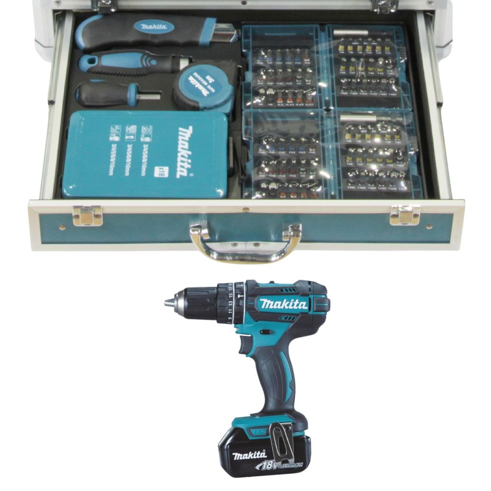 Makita Schlagbohrschrauber (96-teilig): 18V/3,0Ah, 2 Akkus + Ladegerät im Alukoffer