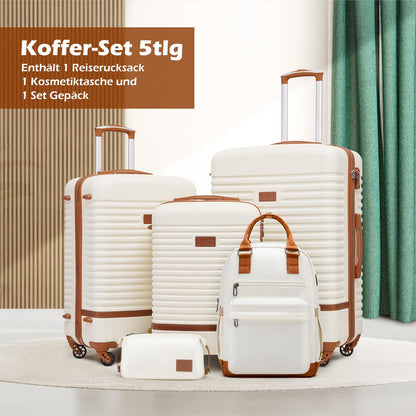 COOLIFE Hartschalen Reisekoffer-Set (5-teilig): ABS, 4 Rollen, TSA-Schloss | Weißbraun