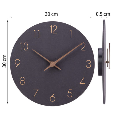 Wooden quartz wall clock (30cm) without ticking noise for living room, kitchen: battery operated