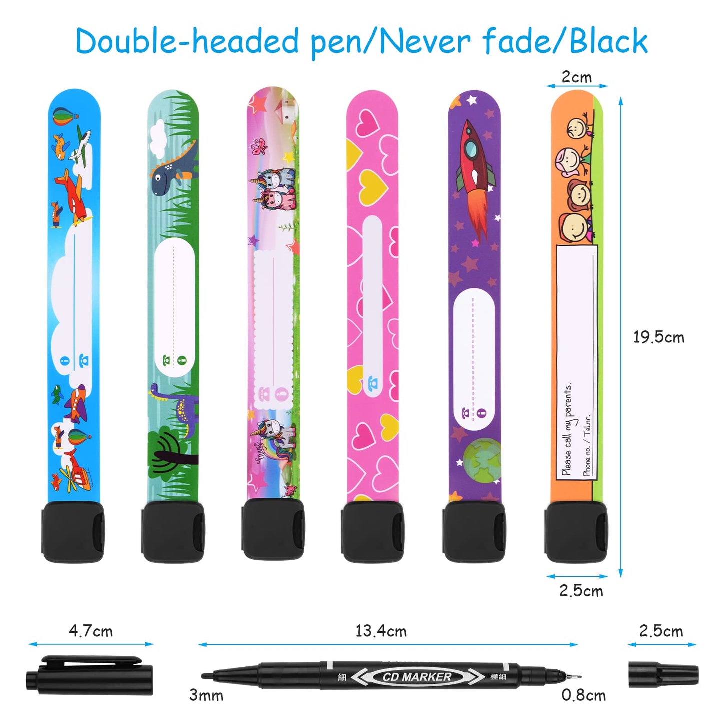 SOS Notfall-ID Armband für Kinder (6 Stück) mit 1 Marker Stift: Wiederverwendbar