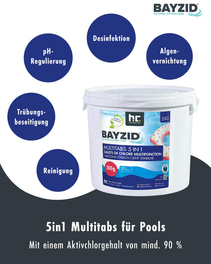 BAYZID 5-in-1 Chlorine Multitabs Tablets for Pools (200g-5kg): For crystal-clear pool water