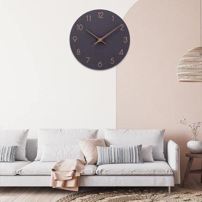 Wooden quartz wall clock (30cm) without ticking noise for living room, kitchen: battery operated