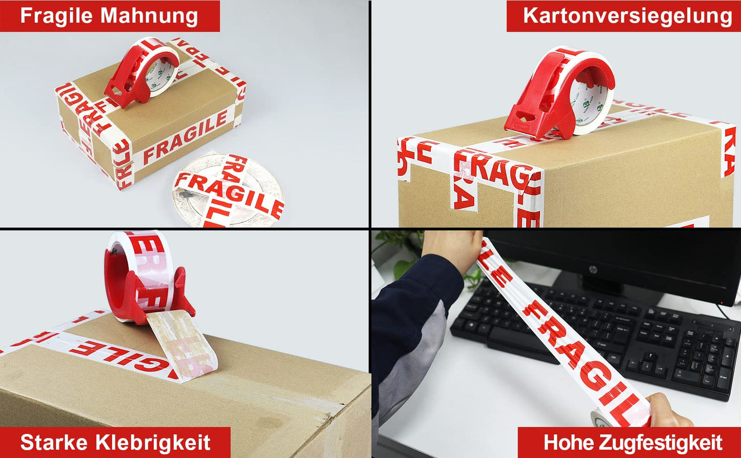 BOMEI PACK Paketklebeband zum Verpacken von Paketen (3 Rollen - Red Fragile)