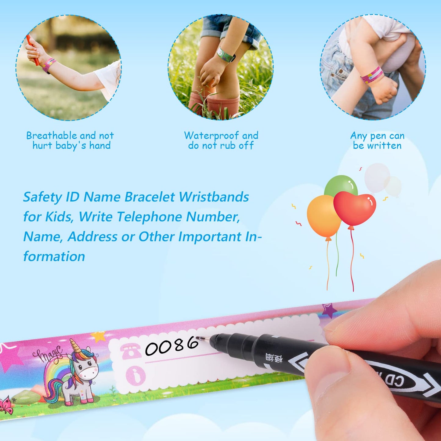 SOS Notfall-ID Armband für Kinder (6 Stück) mit 1 Marker Stift: Wiederverwendbar
