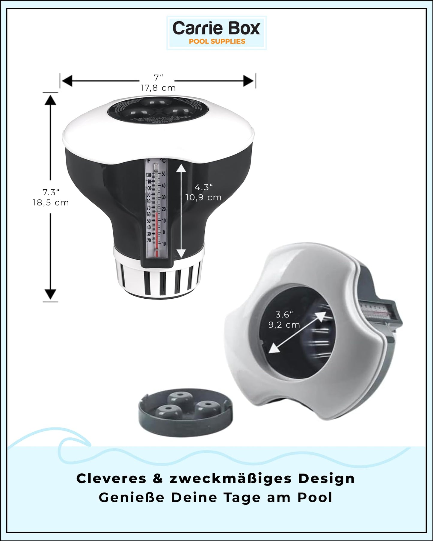 Carrie Box Dosing Float incl. Thermometer: Chlorine Dosing Device, Adjustable, 20 to 200g