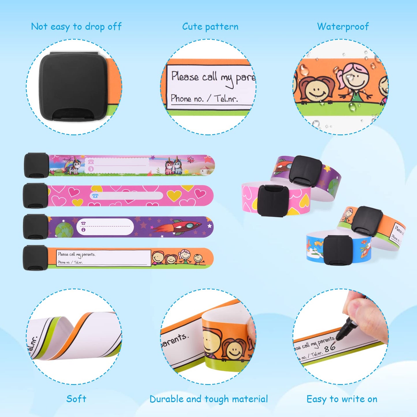 SOS Notfall-ID Armband für Kinder (6 Stück) mit 1 Marker Stift: Wiederverwendbar