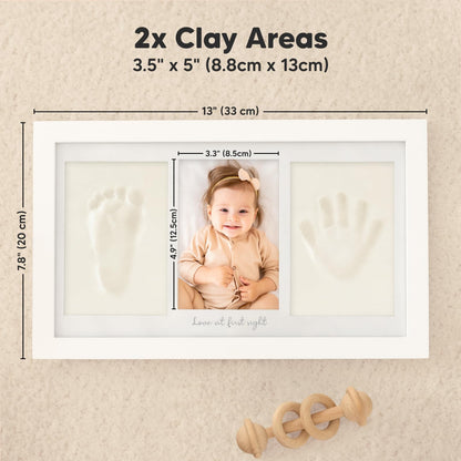 Baby hand and footprint set made of plaster for newborns including photo frame (Alpine White)