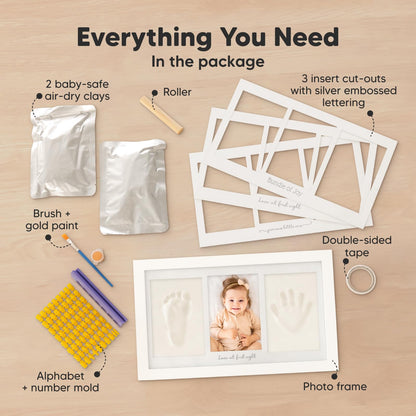 Baby hand and footprint set made of plaster for newborns including photo frame (Alpine White)