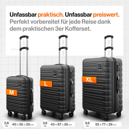 TRAVELY Polycarbonat Koffer-Set (3-teilig) mit sanften Rollen & TSA Schloss | Schwarz