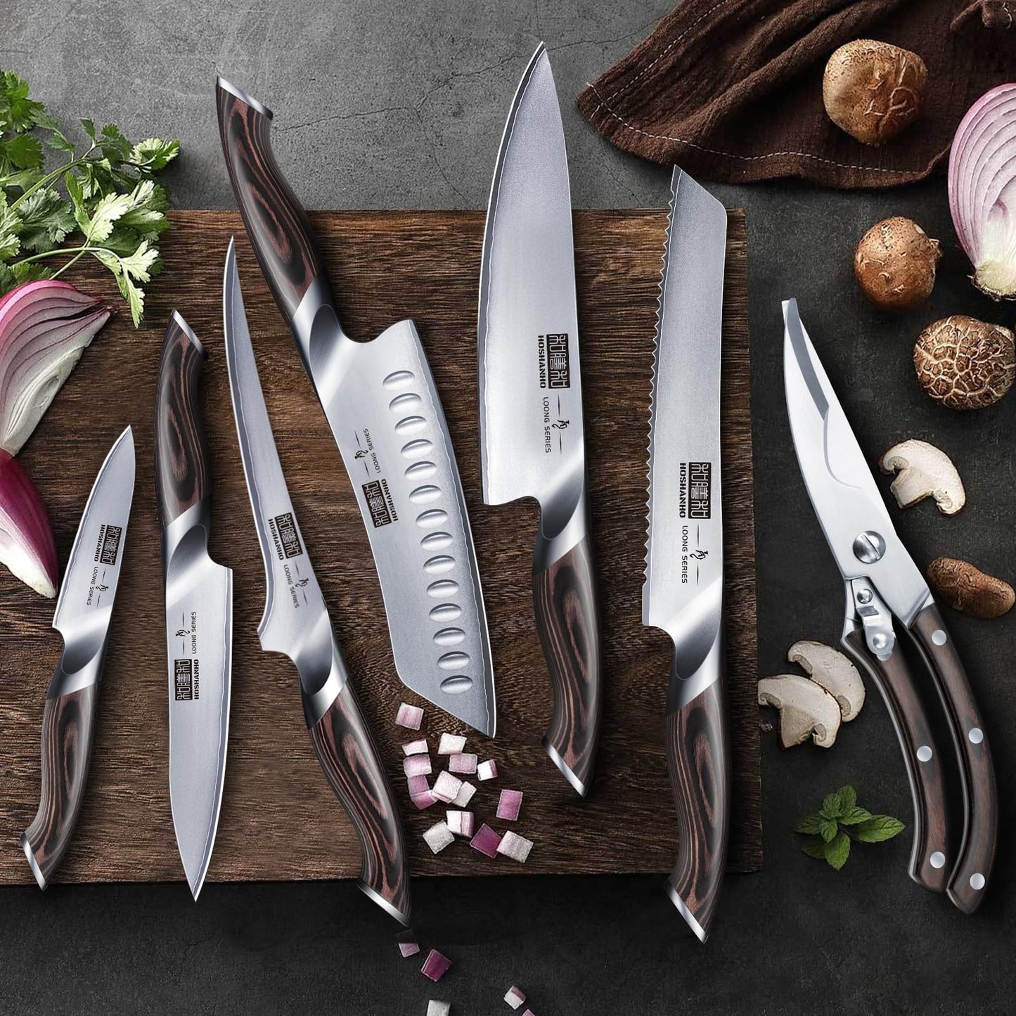 HOSHANHO professional knife block set with wooden block (8 pieces) made of Japanese steel