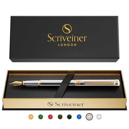 Scriveiner Silver Fountain Pen with Real Gold Finish, Schmidt Gold-Plated Nib (Medium), Best Gift for Men and Women, Managers, Executives (Silver Chrome)