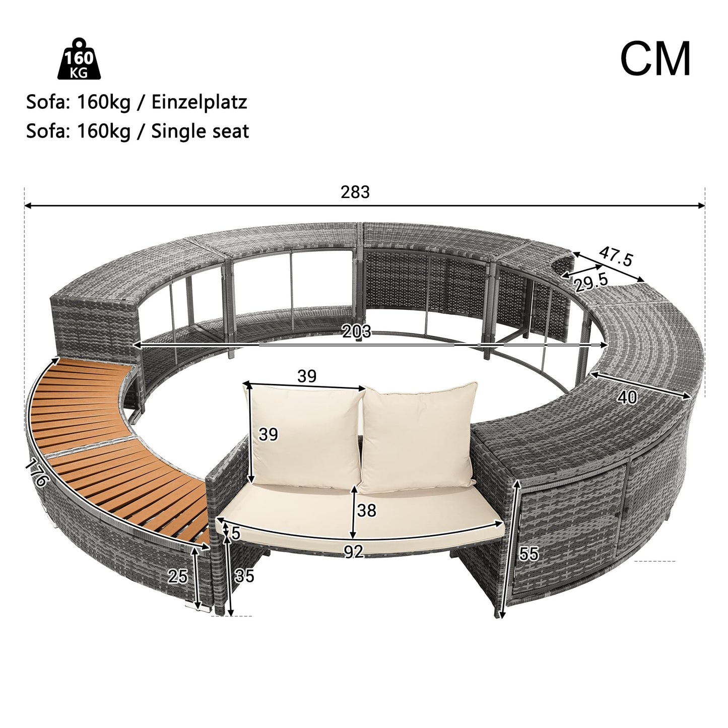Garden lounge set with round couch for whirlpool &amp; pool with adjustable feet including cushions