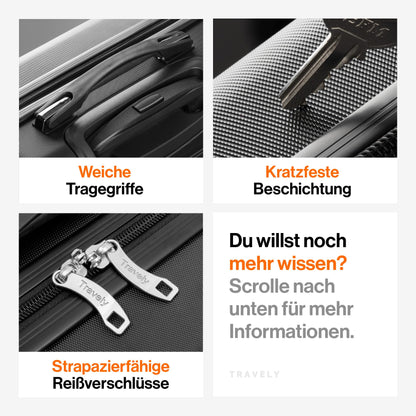 TRAVELY Polycarbonat Koffer-Set (3-teilig) mit sanften Rollen & TSA Schloss | Schwarz