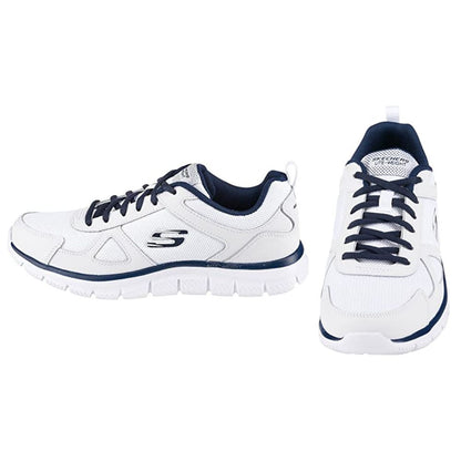 Skechers Track Scloric Men's Sneaker: White Leather Mesh Pu Navy Trim