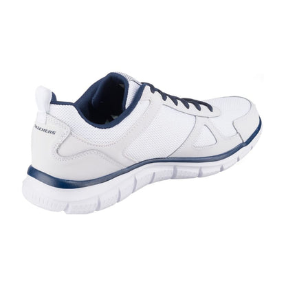Skechers Track Scloric Men's Sneaker: White Leather Mesh Pu Navy Trim