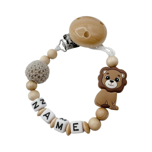 Personalisiertes Schnullerkette-Babygeschenk mit Namen für Jungen 'Löwe' (Braun)